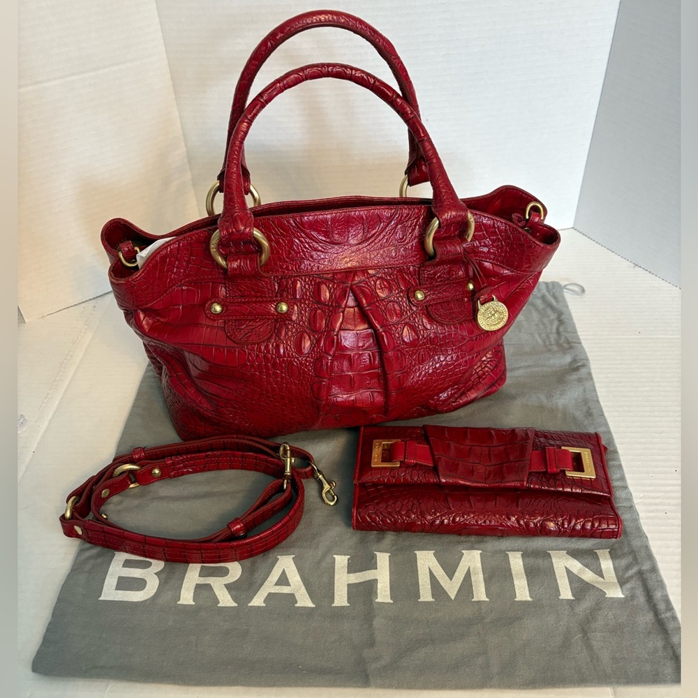 Brahmin Red Crocodile Embossed Aimee bag with matching wallet